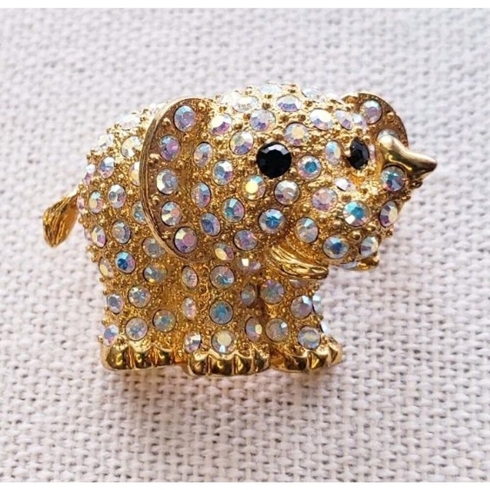 Vintage Signed Butler Gold Tone Rhinestone Bejeweled Elephant Brooch Dainty - Picture 5 of 8